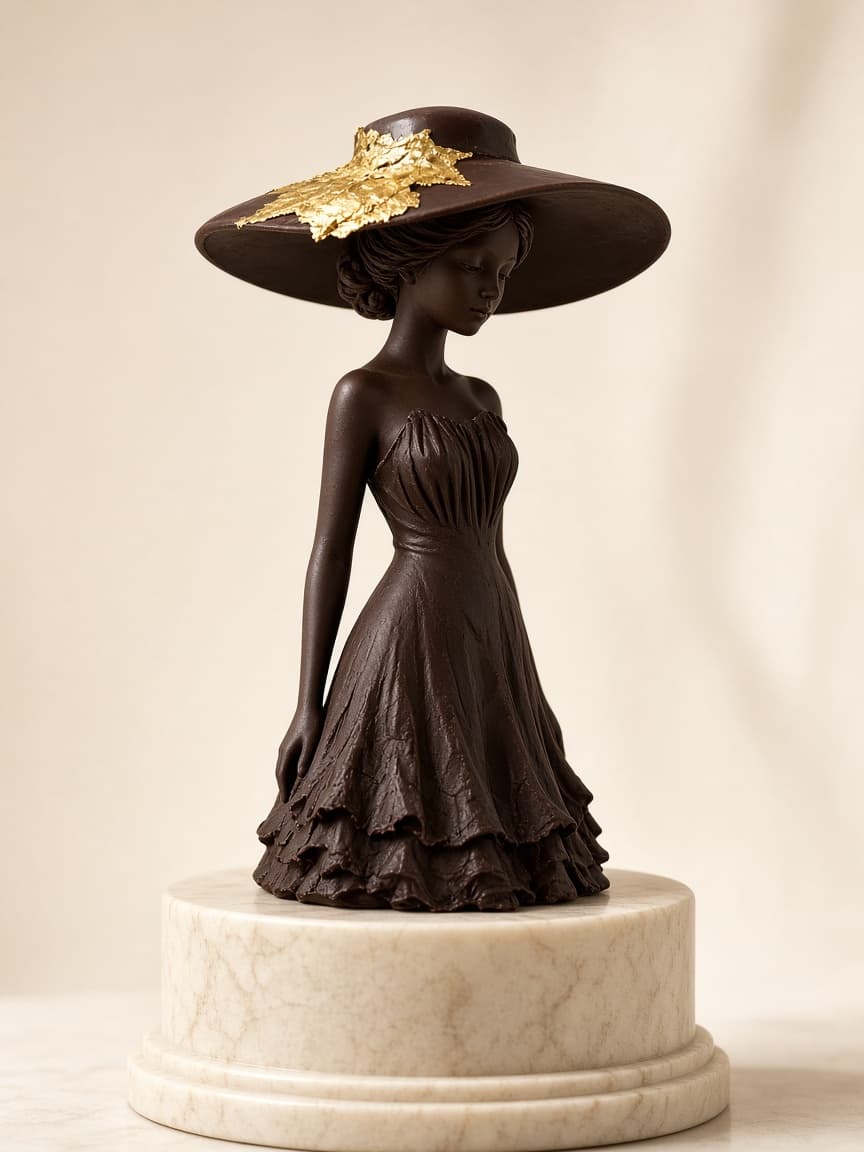 Sculpture en chocolat noir, la dame au chapeau, feuille d’or